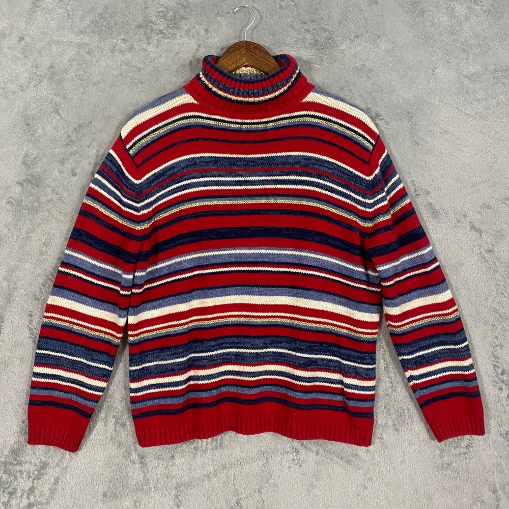 Tiara International Sweater Sz L Red Striped Turtleneck Metallic Y2K Festive